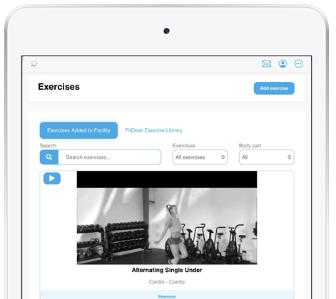 GreeneDesk exercise library interface on an iPad showing workout management