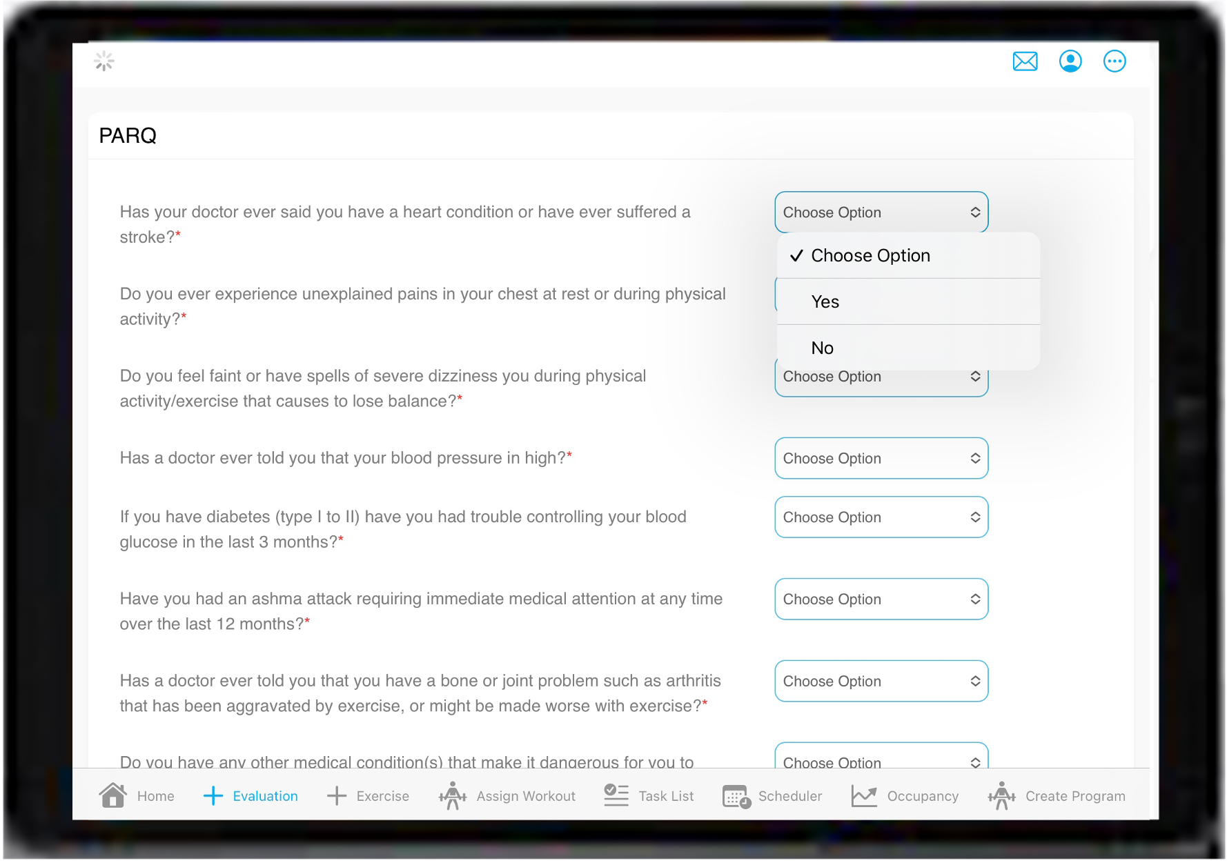 FitDesk digital PARQ assessment form recording a member's health history