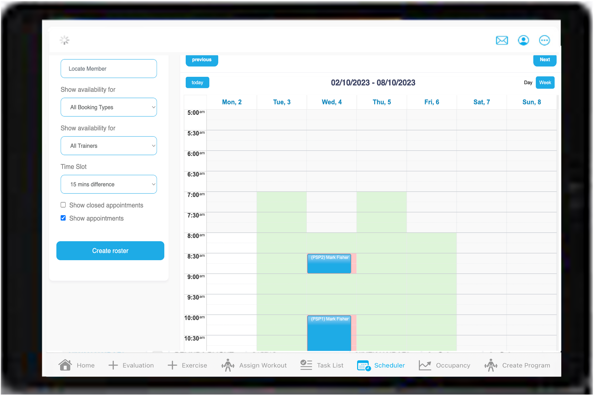 FitDesk trainer scheduling calendar showing appointments across the week