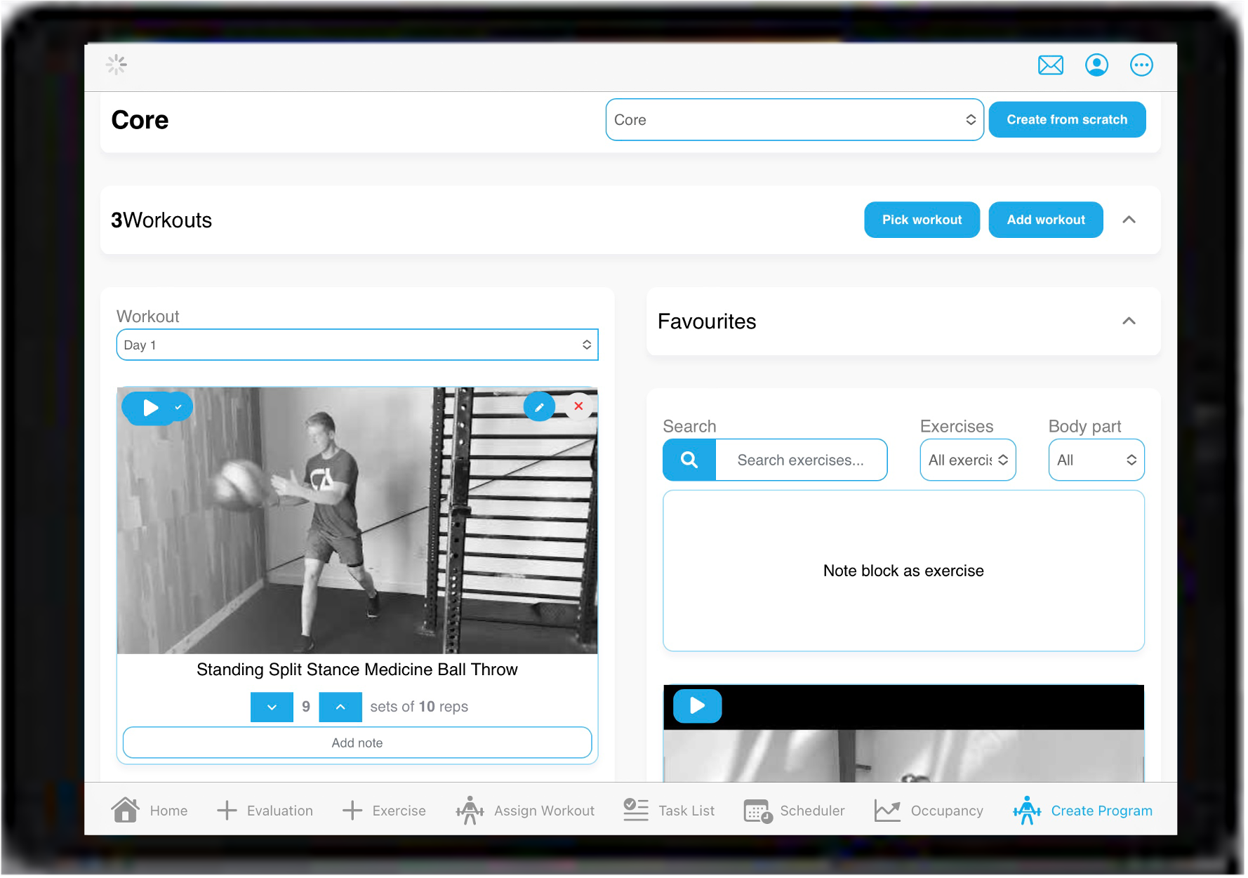 FitDesk workout programming builder with exercise video library